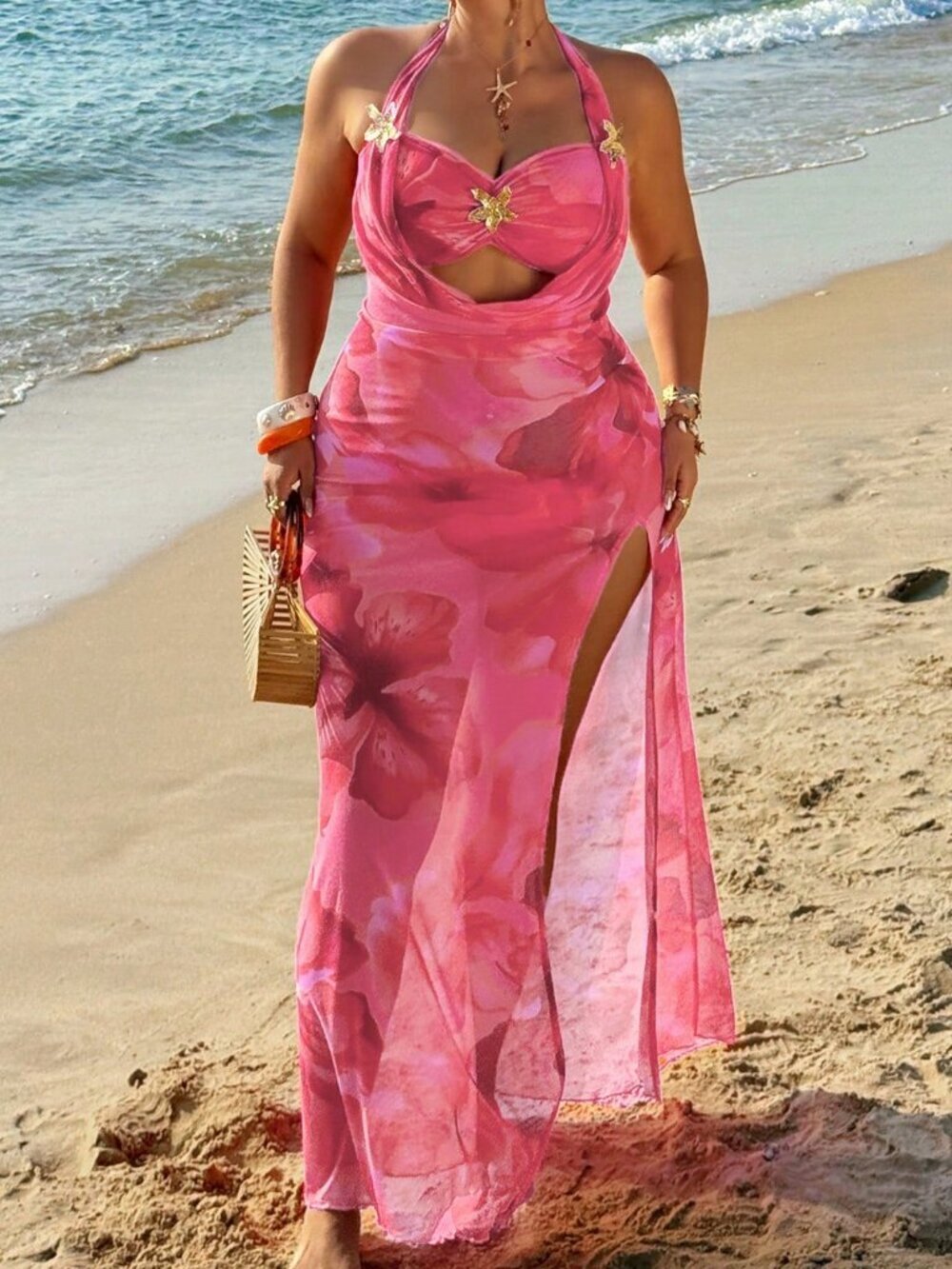 Pink Boho Women's Sexy Backless Mesh Tropical Floral Print Maxi Dress - Picture 6 of 8